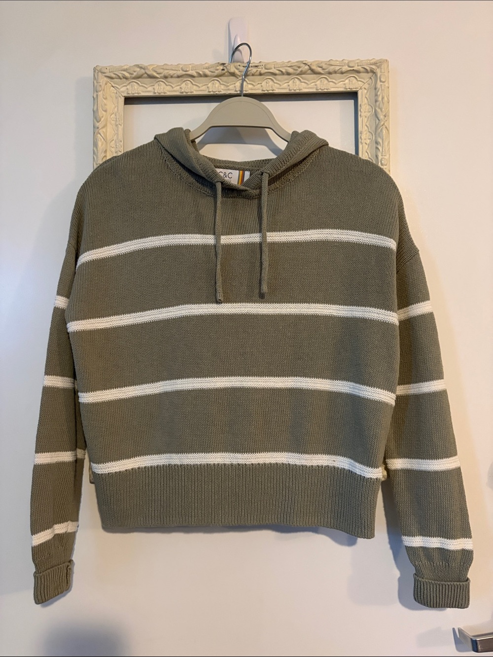 C&C CALIFORNIA | Linen Olive & White Striped Knit Hoodie Sweater - Picture 2 of 14
